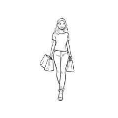 Black and white line art of a beautiful happy woman carrying shopping bags minimalist cheerful illustration