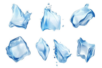 Fototapeta premium Collection of rough ice shards and fragments isolated on transparent background. Set of flying melting ice cubes isolated on white background.