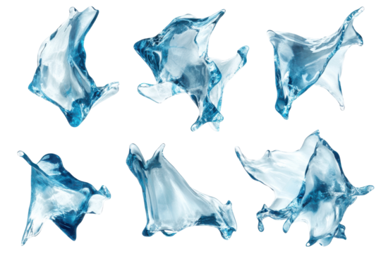 Collection of rough ice shards and fragments isolated on transparent background. Set of flying melting ice cubes isolated on white background.