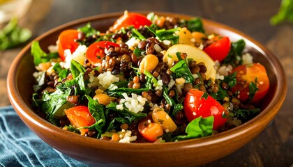 Colorful mixed grain salad in bowl