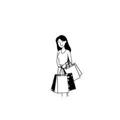 Black and white line art of a beautiful happy woman carrying shopping bags minimalist cheerful illustration