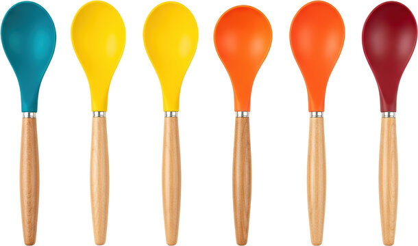Six colorful silicone spoons with wooden handles arranged in a row isolate Kitchen Utensil Cooking Set - Powered by Adobe