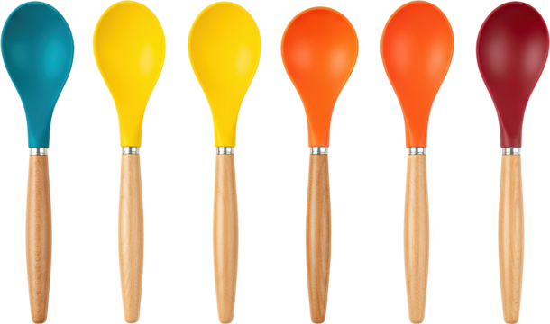 Six colorful silicone spoons with wooden handles arranged in a row isolate Kitchen Utensil Cooking Set