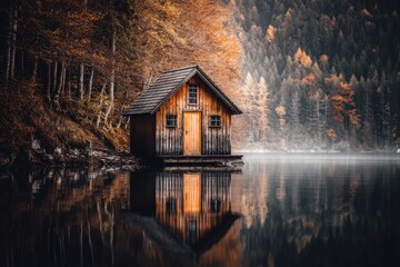 Rustic cabin on a placid lake, autumnal forest backdrop