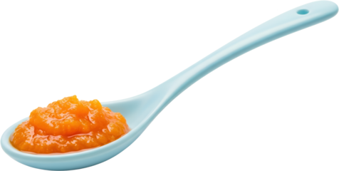 Light blue ceramic spoon holding bright orange pureed food isolate Baby Food Mashed Healthy Organic Ingredient