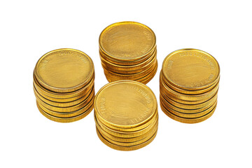 Stacks of gold coins isolated on transparent background. Set of gold coins stacks isolated on white background.