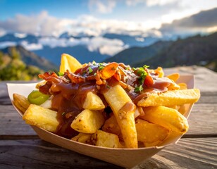 Golden fries with gravy and bacon