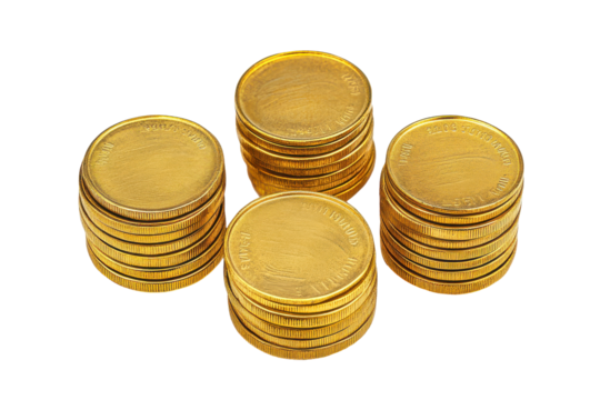 Stacks of gold coins isolated on transparent background. Set of gold coins stacks isolated on white background.