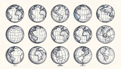 Fifteen detailed globe illustrations, various angles