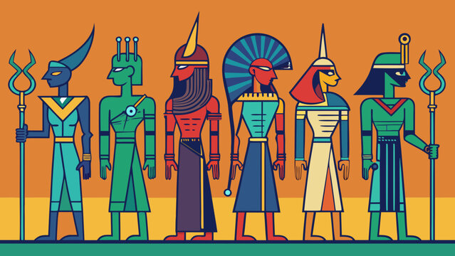 Stylized egyptian gods and goddesses in vibrant colors