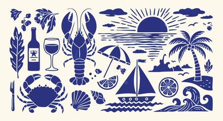 Vibrant seaside collage captures delicious seafood, refreshing drinks, and idyllic summer vacation scenes with sailing and sunshine © emiloo