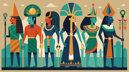 Stylized egyptian pharaohs and queens in traditional attire