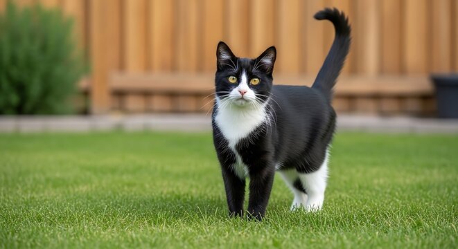 A black and white cat stands on a green lawn in front of a wooden fence. - Powered by Adobe