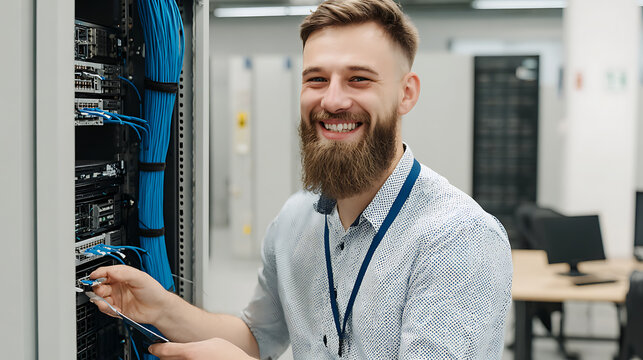 Man working in server room, connecting cables to network equipment