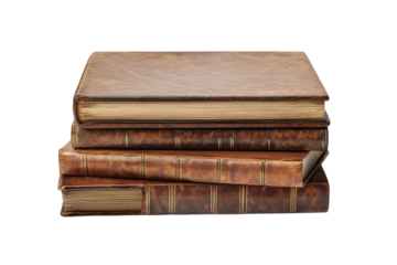 Collection of antique and vintage books standing upright isolated on transparent background. Set of hardcover wide square and narrow books isolated on white background.