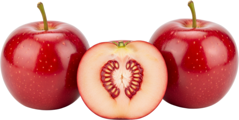 Two whole red apples flank a single apple sliced in half revealing its inner core and seeds isolate Fruit