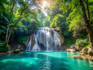 Fototapeta premium A majestic waterfall cascading into a turquoise pool surrounded by lush green trees in a tropical forest