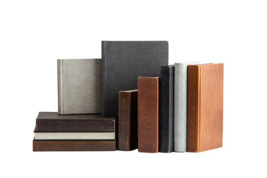 Collection of antique and vintage books standing upright isolated on transparent background. Set of hardcover wide square and narrow books isolated on white background.