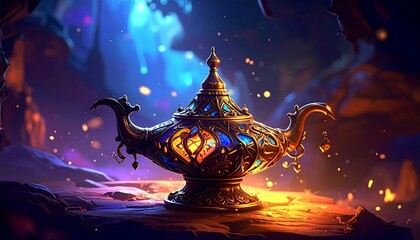 Ornate lamp glows in mystical cave