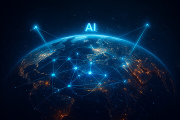 Obraz premium Bird’s-eye view of Earth with data overlays, satellite beams, and global network connections