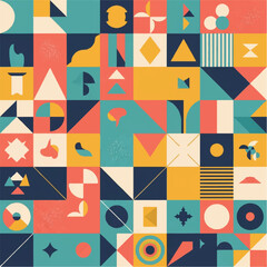 Vibrant geometric pattern with various shapes and colors in a seamless design, creating a lively and dynamic visual effect.