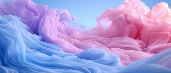 Flowing pastel fabrics in shades of blue and pink  Delicate, translucent materials create soft, fluid forms  The colors blend seamlessly, creating a dreamy, ethereal atmosphere