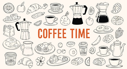Delightful hand-drawn coffee and pastry doodles for inviting cafe menus and branding, perfect for creating a warm and cozy atmosphere