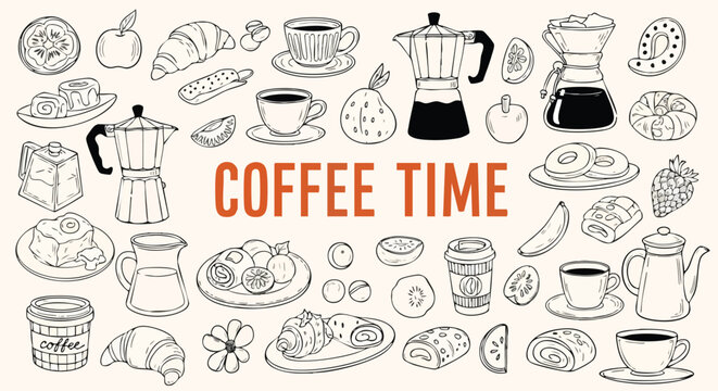 Delightful hand-drawn coffee and pastry doodles for inviting cafe menus and branding, perfect for creating a warm and cozy atmosphere