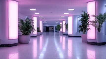 Empty, modern hallway with vibrant pink and purple neon lighting  Planted palms add a touch of tropical aesthetic  Smooth white tiled floor reflects the vibrant hues