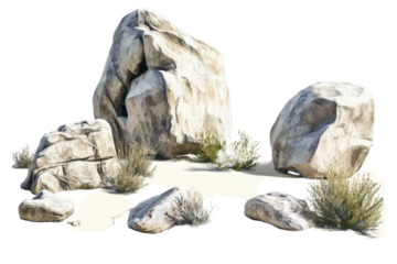 Group of rough textured natural stones isolated on transparent background. Set of massive boulders in a desert landscape isolated on white background.