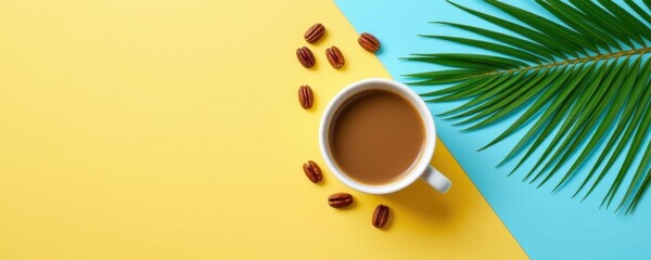 A top-down view of a white coffee cup filled with coffee on a colorful split yellow and blue background with scattered coffee beans and a green palm leaf for a tropical coffee shop vibe