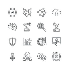 Flat lay of various line icons related to technology and innovation on a clean white background.