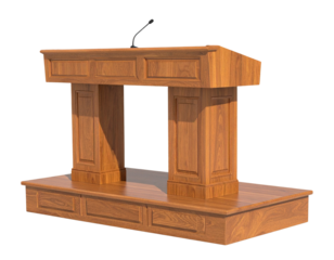 Wooden Podium and Desk Combination with Microphone, Stage Setup, Isolated PNG