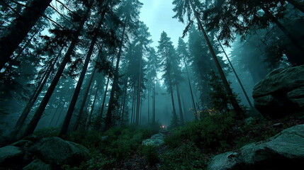 Dark pine forest with fog and distant light trees