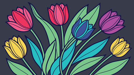 Colorful tulips including red, purple, yellow, and blue, display striking contrast against a dark background