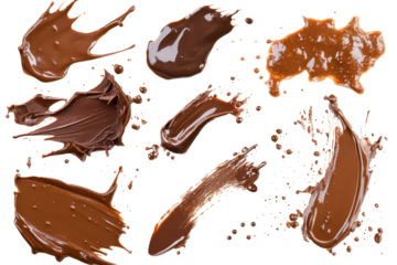 Collection of chocolate splashes and drips isolated on transparent background. Set of melted chocolate splashes isolated on white background.