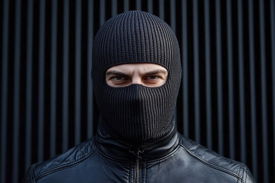 Man wearing black ski mask covering his face in a portrait shot of with covered by