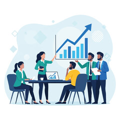 Illustration of a diverse business team collaborating around a table with a graph and laptop in a modern office setting with a professional mood.