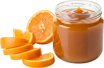 A glass jar filled with smooth orange jam alongside sliced fresh oranges and a half orange slice fruit transparent background