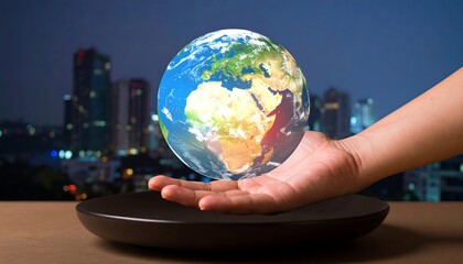 Hand holding Earth over city skyline
