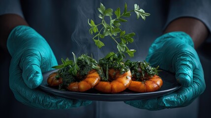 Cooked shrimp on a plate, garnished with herbs, being served.