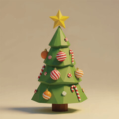 A 3D-rendered green Christmas tree decorated with red and white striped candy canes, ornaments, and topped with a gold star on a beige background.