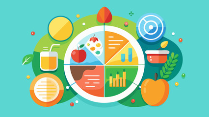 Healthy eating plate with food groups and nutritional icons