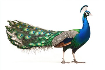 Obraz premium Peacock on a blank white background - vibrant and regal bird feathers
