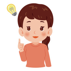 閃く女性の上半身イラスト／An illustration of a woman's upper body with a lightbuld moment
