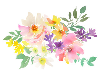 Hand painted watercolor Spring floral bouquet clipart for pattern, wedding invitation, banner and package design. Pink peonies and wild flowers Illustration on a transparent Background. PNG file. © Sawango