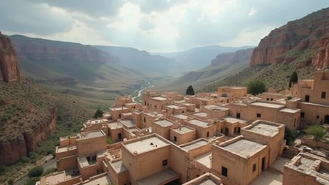 Top view of old town in canyon. Action. Beautiful panorama of stone city on background of canyon and cloudy sky. Southern city landscape in stone canyon valley