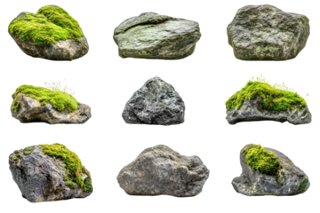 Collection of moss covered rocks isolated on transparent background. Set of moss covered rocks in natural settings isolated on white background.