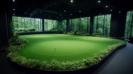 Indoor golf practice facility with multiple putting greens, surrounded by greenery and large windows overlooking a forest  Dark, modern design