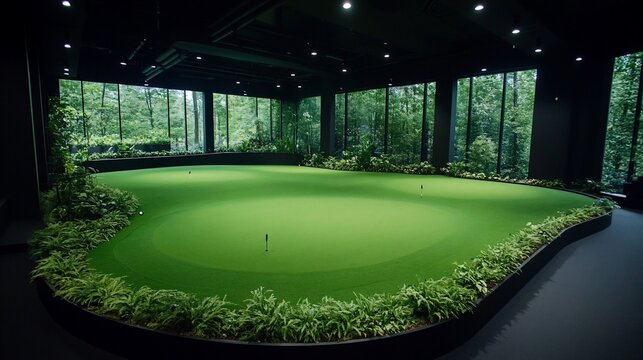 Indoor golf practice facility with multiple putting greens, surrounded by greenery and large windows overlooking a forest  Dark, modern design